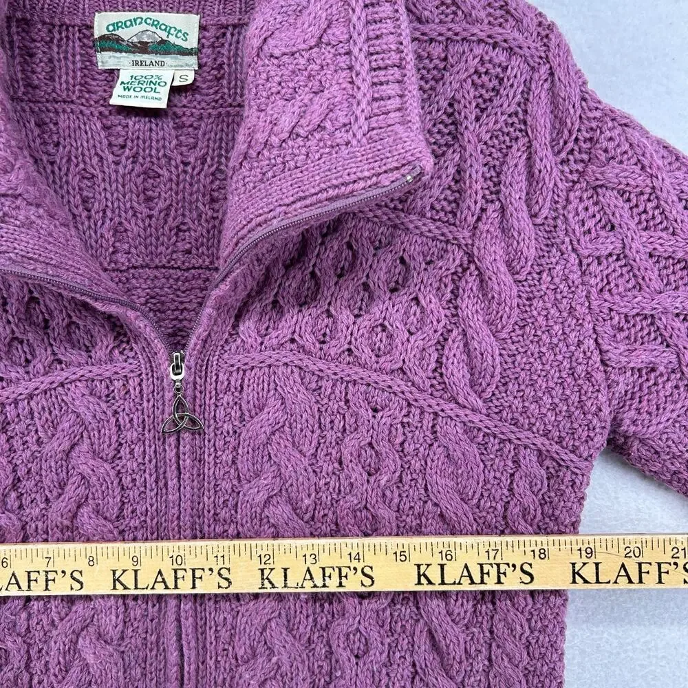 ARAN CRAFTS Sweater Womens S Merino Wool Fisherman Cardigan Zip Up Purple